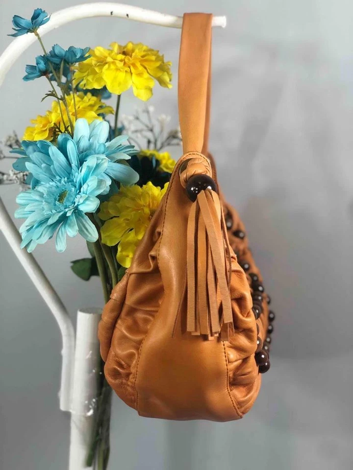 BCBG MAXAZRIA Large Beads Orange Leather Half Moon Fringe Baguette Shoulder Bag - Image 3 of 4