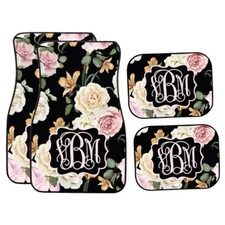 Personalized Black Floral Pink And Cream Roses Car Mats