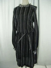 WENJILLI Vtg 70s Metallic Silver Black Stripes Knit Ruffle Dress-Bust 36/XS-S