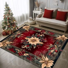 Red Christmas Rug, Poinsettia Rug, Christmas Decorations Rug,Merry Christmas Rug