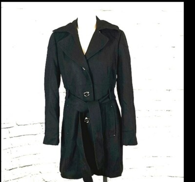 Kenneth Cole Women's Black Wool Blend Button Front Collared Trench Coat  Size