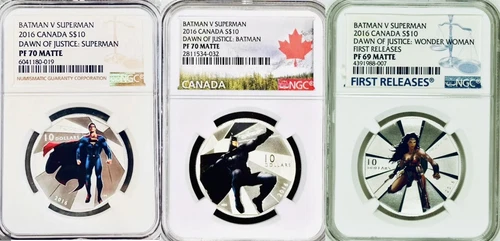 3 BVS Coins 2016 CANADA .999 SILVER SUPERMAN WONDER WOMAN BATMAN NGC PF70/69
