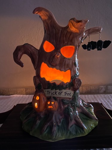 Cracker Barrel Halloween Haunted Tree Candle Holder Luminary Large Ceramic w/Box