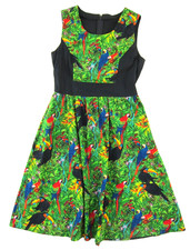 VTG Handmade Green Blue Red Black Cotton Parrot Bird Midi Sheath Tank Dress M