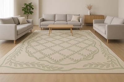 Eleganter Beige & Salbeigrün Handgetufteter Vorleger | Moderner Teppich im Bo...