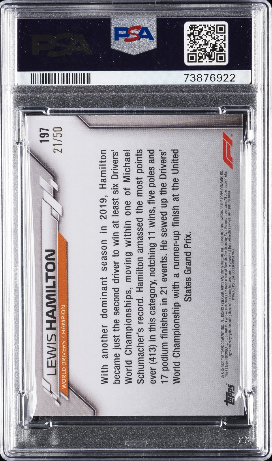 2020 TOPPS CHROME FORMULA 1 SAPPHIRE EDITION GOLD LEWIS HAMILTON 21/50 PSA 8 view 2