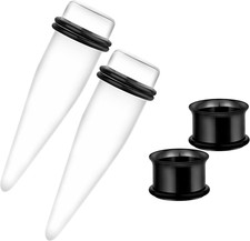 2 Pairs Black Acrylic Ear Tapers and 316L Stainless Steel Tunnels Plugs Gauges E