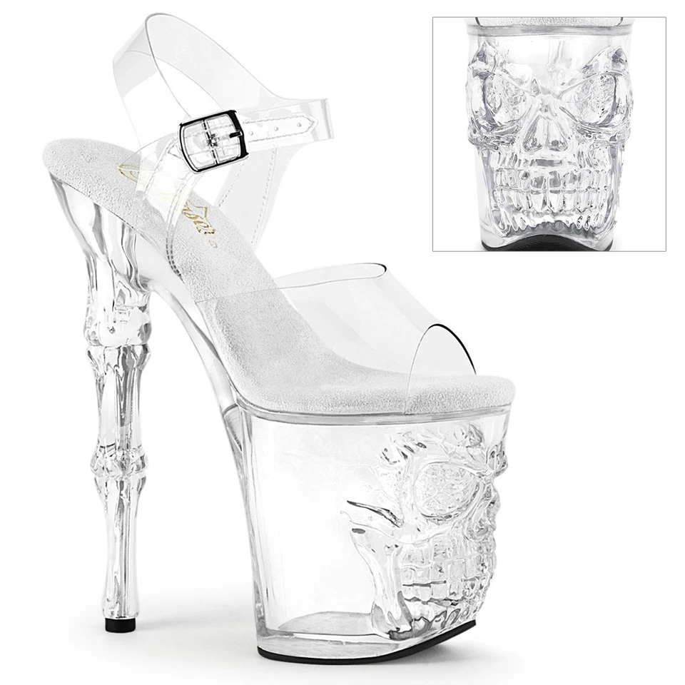 Sale RAPTURE-808 Pleaser High Heels Plateausandaletten klar 3D Totenkopf Gr 38 - Bild 1 von 1