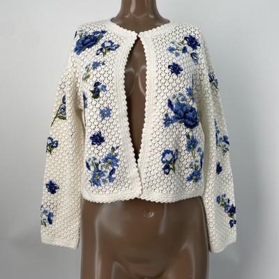 Alice + Olivia Womens Cardigan White/Blue Size XS Anderson Crochet Cotton Wool