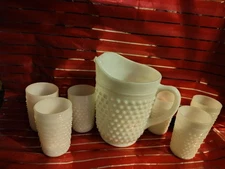 Vintage Anchor Hocking Hobnail White Milk Glass Pitcher and 6 Glasses 10oz
