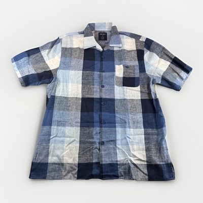 Trust Linen Blend Shirt Mens XL Plaid Blue Short Sleeve Button Up Coastal Preppy