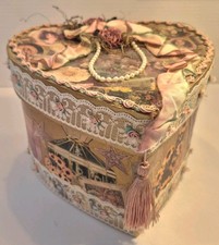 VTG Heart Hat Box 8" Victorian Faux Pearls Lace Ribbon Rose Buds Cardboard 3D