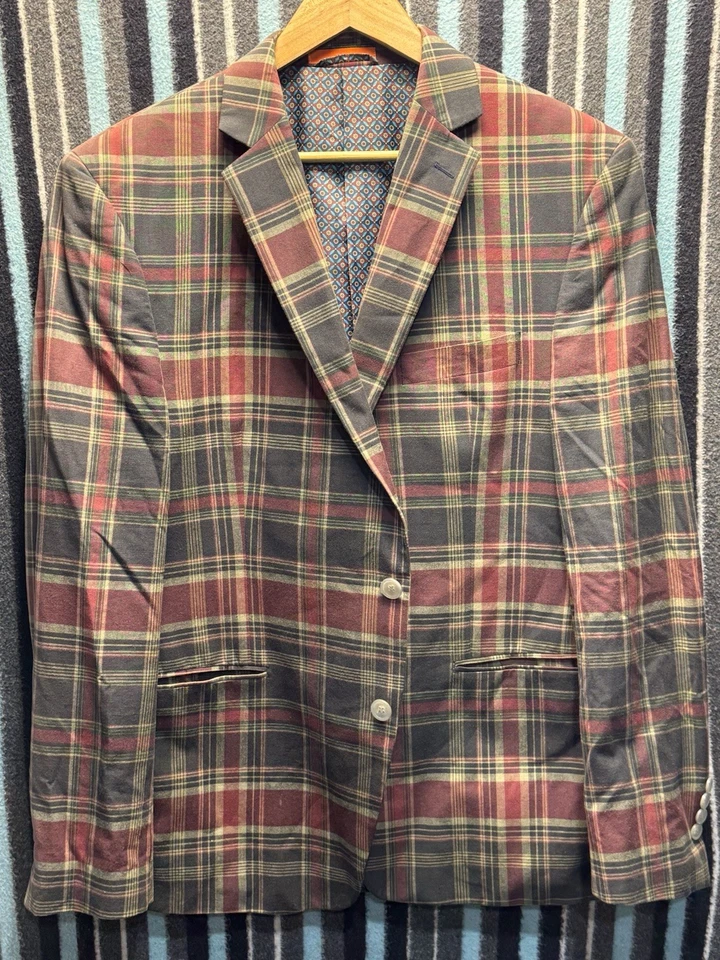 Tallia Men’s Size 44R Plaid Blazer Jacket Red Green Check Paisley 100% Cotton - Image 2 of 4