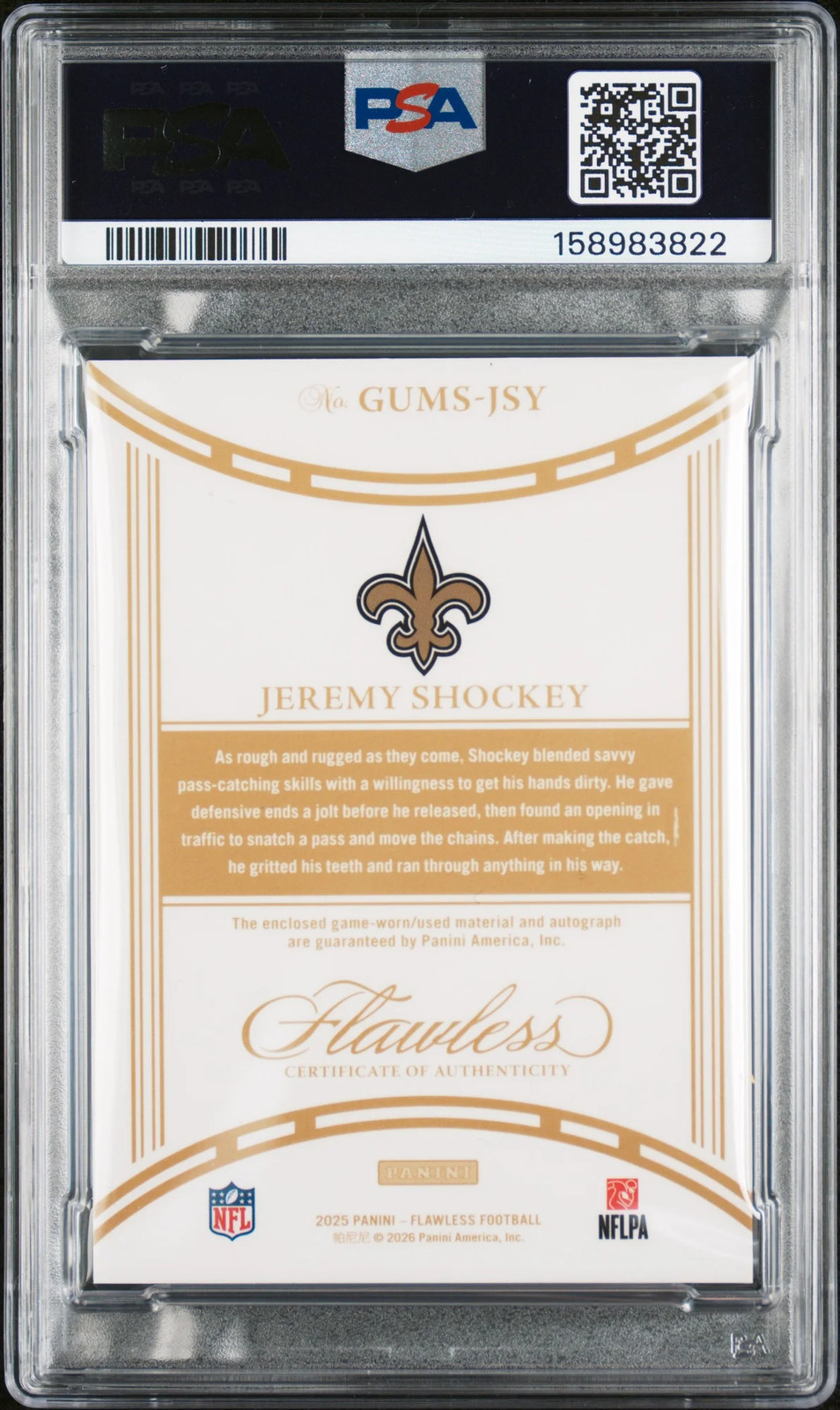 Jeremy Shockey 2025 Panini Flawless Emerald /3 Game-Used Patch Auto PSA9 MINT view 2
