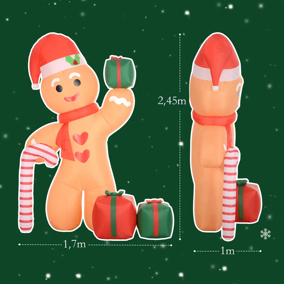 Outsunny Aufblasbare Weihnachtsdeko 2,45m Lebkuchenmann mit Zuckerstange, 6 LEDs - Bild 4 von 4