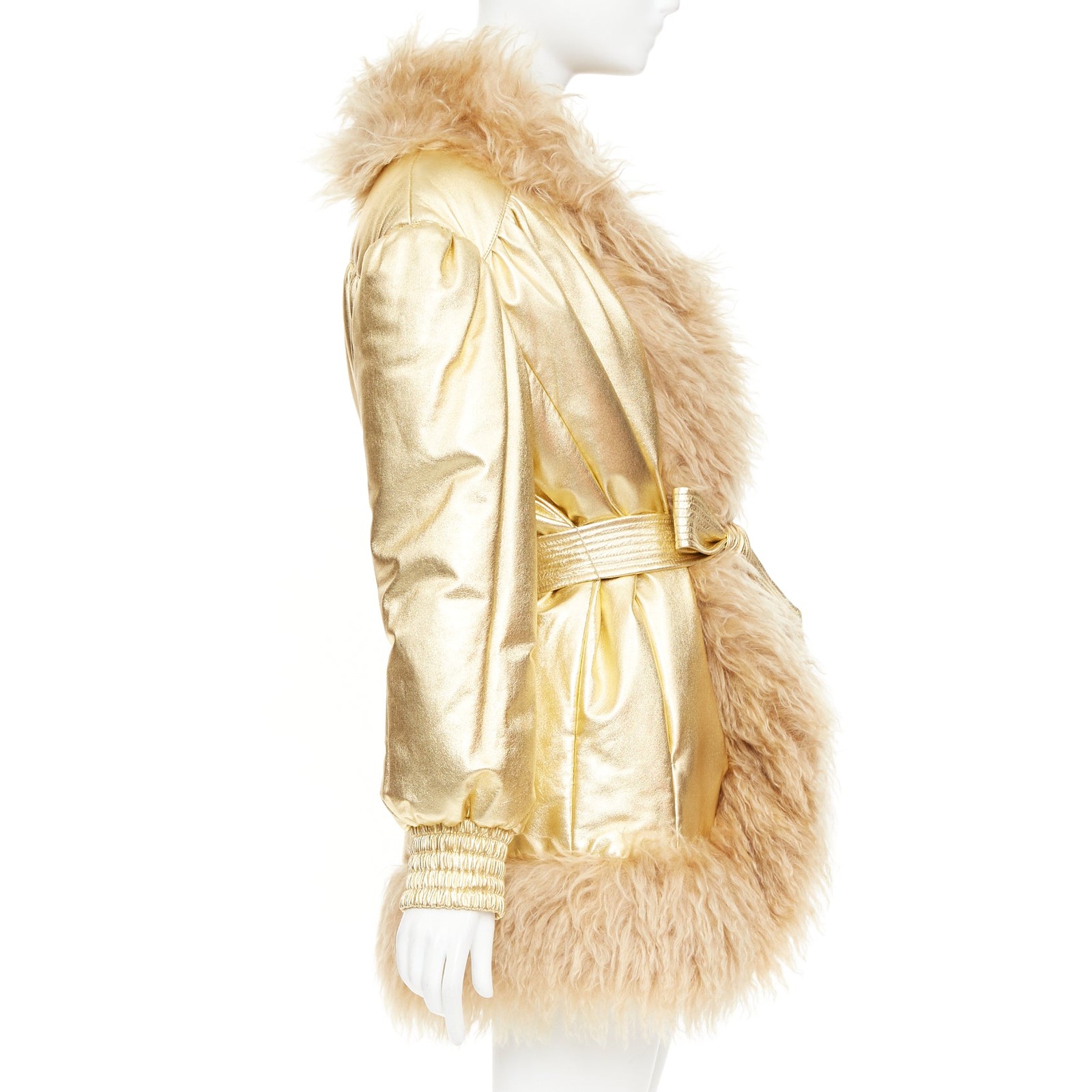 MIU MIU 2019 gold lambskin brown mohair shaggy fur collar robe coat IT36 XXS image 5