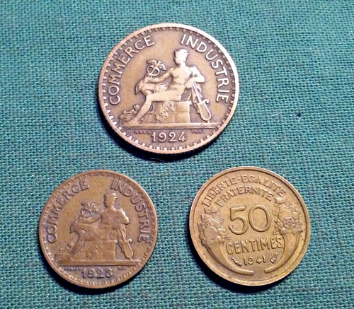 Lot 3 French Brass Coins Tokens 1923 & 1924 Commerce Industrie & 1941 50Centimes