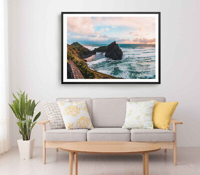 Mountain Print, Sea Wall Art,  Cloudy Sky View Framed Beach Wall Art, Coastal