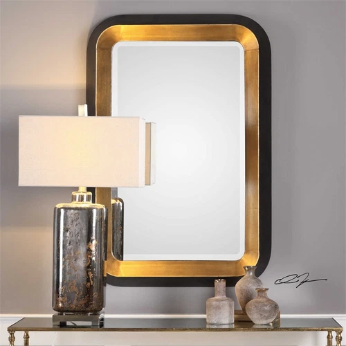Uttermost 09301 Niva Metallic Gold Black Wall Mirror Bold Modern Beveled 42in - Picture 2 of 9