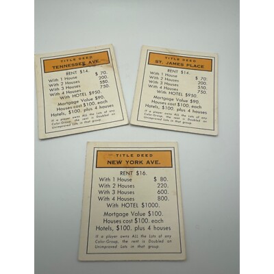 Vintage 1960s Monopoly Title Deed Cards St James Place Tennessee  New York Ave