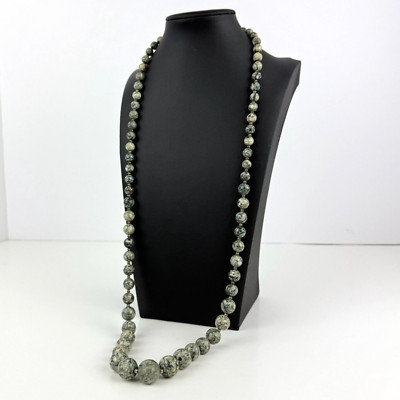Zebra Green Jasper Round Beads Natural Gemstone Necklace 32'' Vintage Clasp Grey