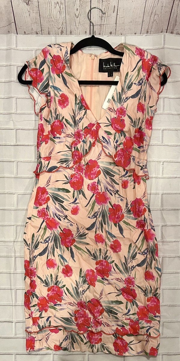 Nicole Miller フローラルドレス サイズ2 NICOLE MILLER SZ 2 RED BEIGE V-NECK FLORAL DRESS New With