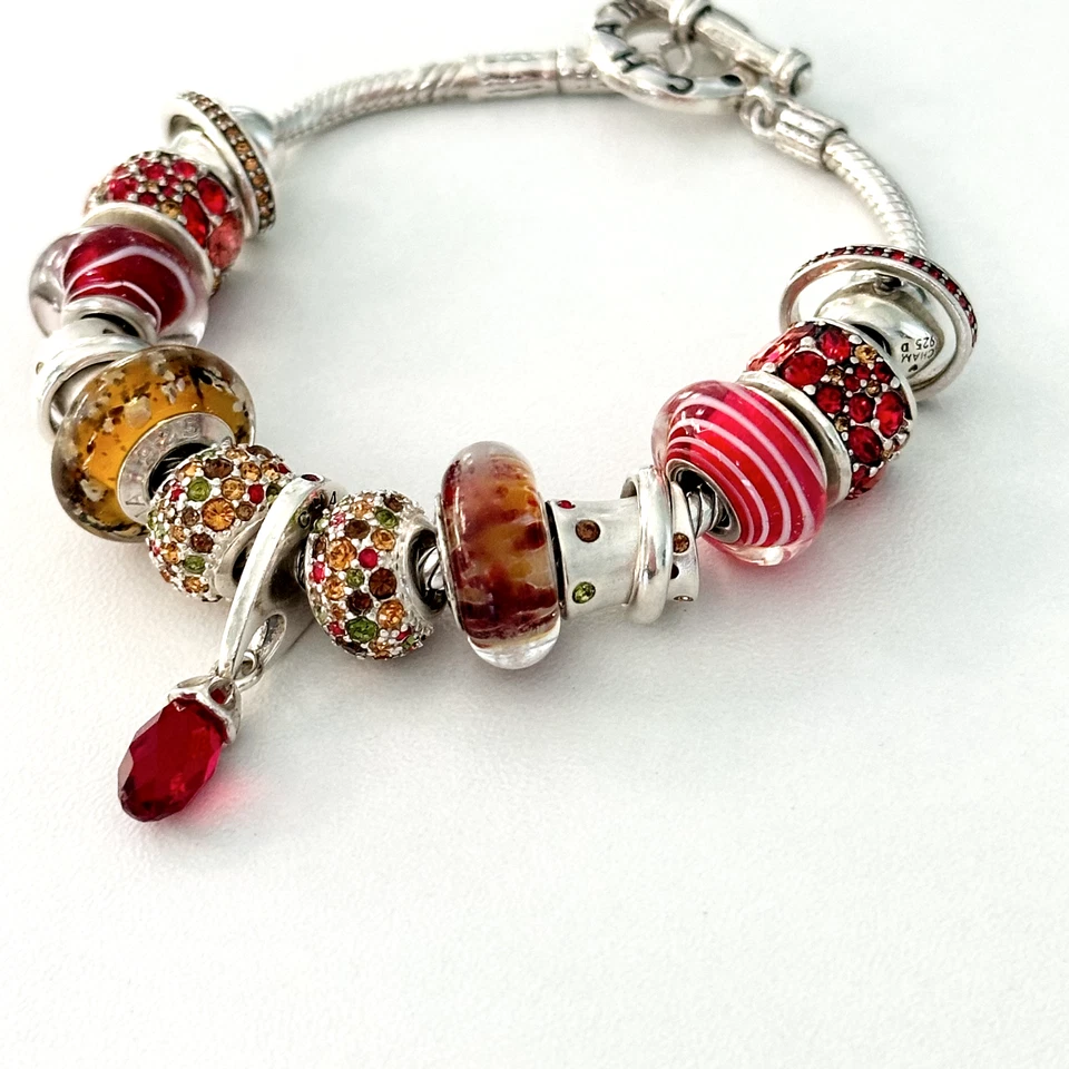 Браслет с брелоками из чистого серебра с красными оранжевыми кристаллами муранскими бусинами Chamilia - Изображение 4 из 4