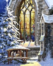 35" Fabric Panel David Textiles Digital Christmas Manger Church Scene Blue