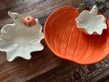 Fitz and Floyd Halloween Ghost Pumpkin Chip and Dip Bowl + Candy Dish