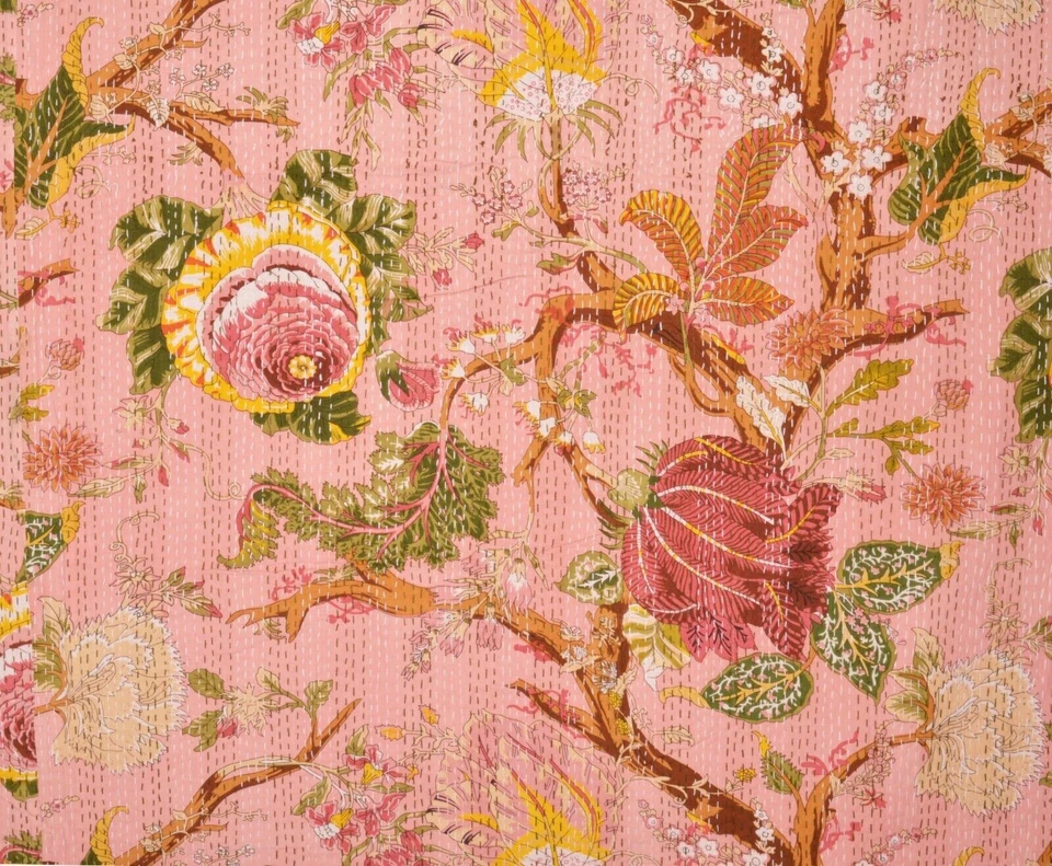 Indian Cotton Kantha Quilt Hand Block Pink Floral Print King Blanket Bedspread - Image 4 of 4
