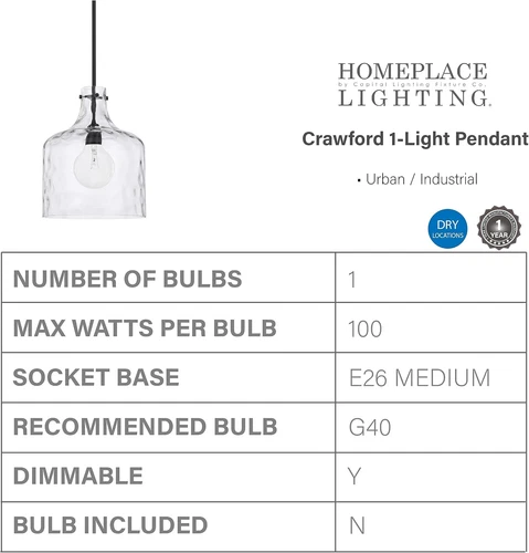 Crawford Urban Industrial Pendant Light with Clear Water Glass, Matte Black - Picture 3 of 5