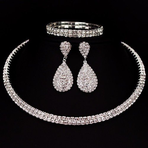 Schmuck Set für Frauen Strass Kristall Halskette Ohrringe und Armband - Bild 3 von 12
