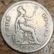 1855 Queen Victoria Young Head Silver Groat, Fourpence 4d, 1.8g Sterling Silver