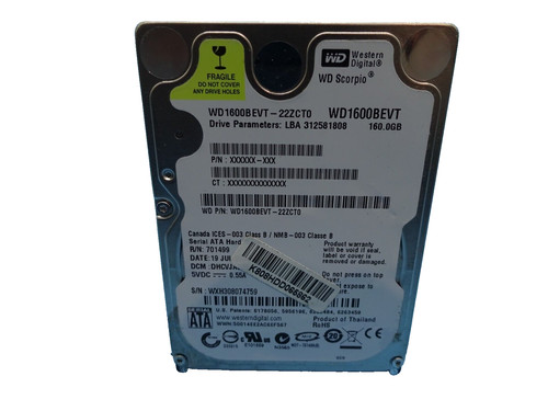 160 GB SATA WD WD1600BEVT - 22ZCT0 S/N: WXH308074759 2,5 ZOLL #NFP923