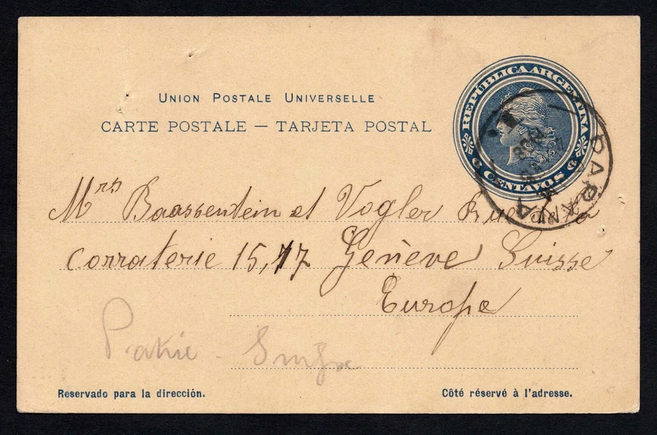 Tarjeta Postal Argentina 1908 - Azul 4c Liberty - a Ginebra Suiza Foto 2 de 3
