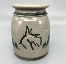 Salt Glazed Pottery Stoneware Crock Terrier Dog Tan Green 6" - Signed 1997