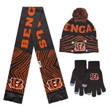 FOCO X Zubaz NFL 3 Pack Glove Scarf & Hat Outdoor Winter Set, Cincinnati Bengals