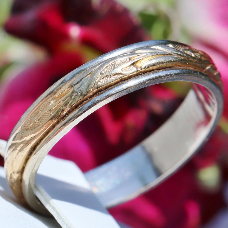 Alianza de boda oro 14k multi tono talla 9,75 hecha a mano antigua 4,9 gr tallada en arte Foto 3 de 4