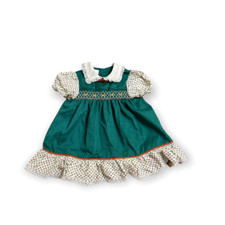 Polly Flinders Girls Dress Green Floral Embroidered Short Sleeve Ruffle Hem T2