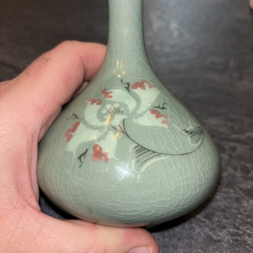 Korean Celadon Vase - green, crackle finish with Flowers 5.75” Nice! #X - Picture 10 of 24