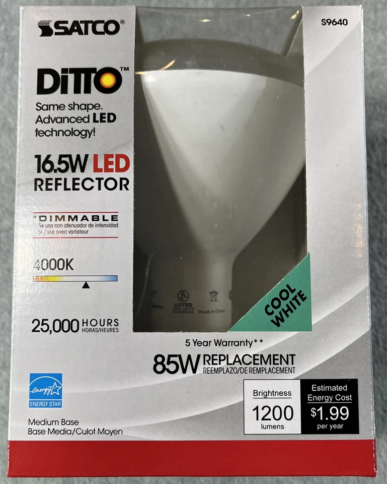 Satco S9640 - 16.5 Watt 25K Hrs LED BR40 Dimmable Bulb 4000K 120 Volt 6 pack New - Image 3 of 4