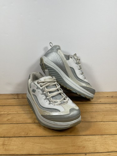 Womens White Gray Leather Walking Shoes 