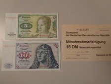 DDR 1980 / 1990- Banknote zu 5 + 10 DM in kassenfrisch mit Quittung REISEZAHLUNG