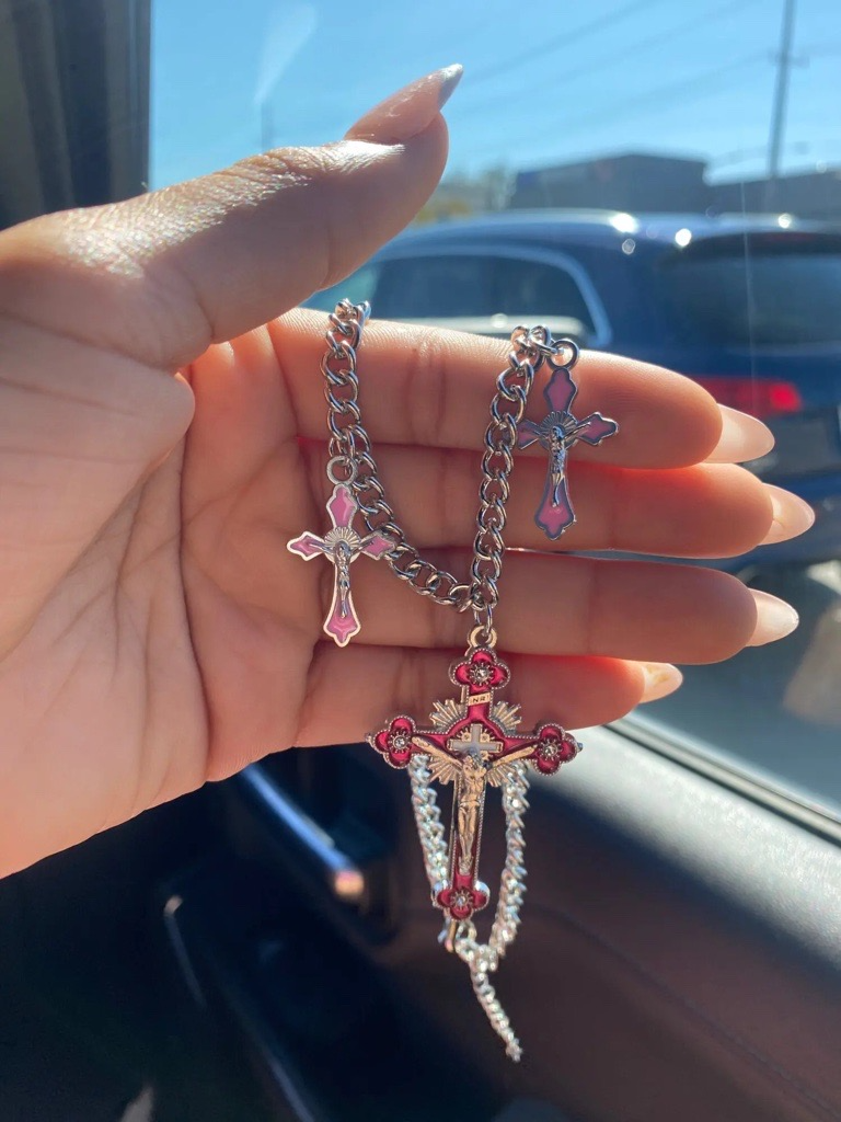 Pink Y2k Cross Rosary Necklace - Goth Necklace | eBay
