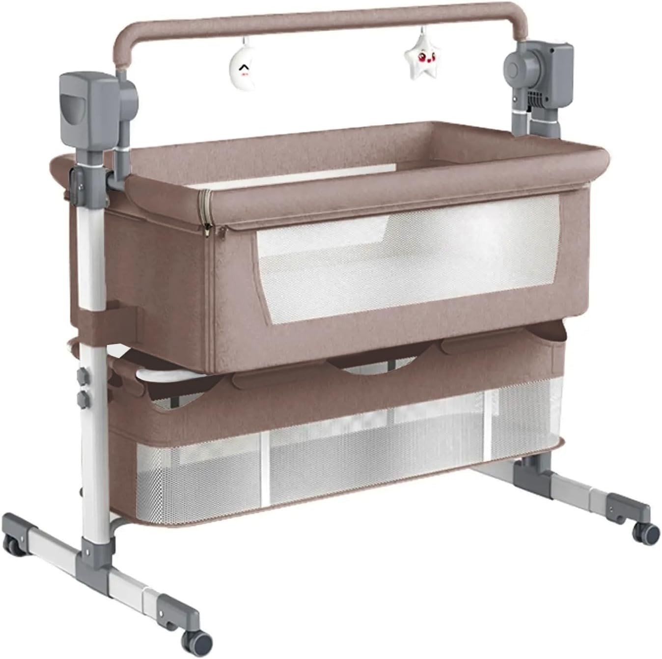 Adjustable Baby Bedside Crib Electric Co-Sleeper with Mattress & Storage Khaki