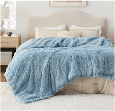 Bedsure GentleSoft Fluffy Light Blue Blankets Queen Size for Bed, Thick 90x90