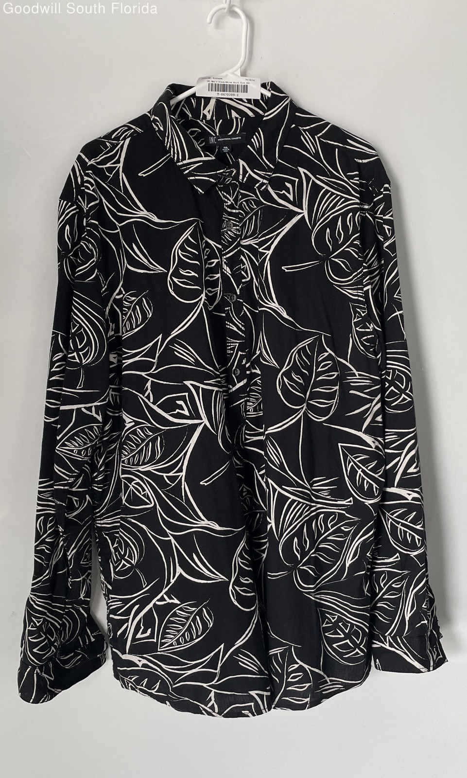 INC International Concepts Mens Black White Leaf Print Button-Up Shirt Size XXL