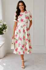 MISSFIGA New Look Cream Pink Floral Midi Dress Sz 14 Puff Sleeve Tea Dress BNWT