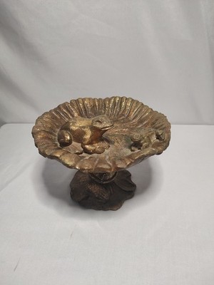 Vintage Gold Lilly Pad Frog & Baby Prince Trinket Candy Dish Pedestal  