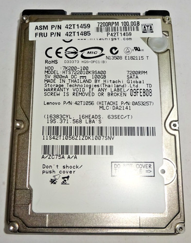 HITACHI ***HTS722010K9SA00*** 100GB SATA HDD Notebook 2,5 Zoll #NFP1301